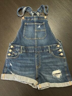 wonder nation Blue Denim Shortall Romper with Distressed Accents